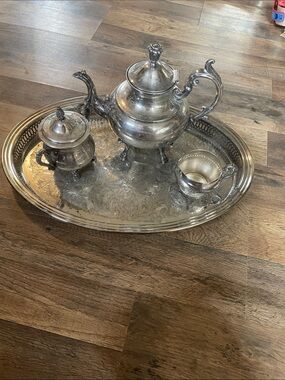 Gorham Silver Tone Engraved Tea Set on Ornate Tray